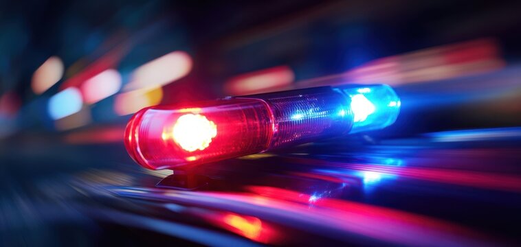 The Police Lightbar Blurring Through Night Streets With Red And Blue Emergency Glow