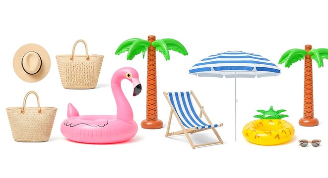 Assorted summer items including beach accessories and pool toys isolated on white background