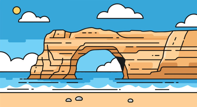 Pixel art beach landscape with rock arch, ocean waves, clouds, and sun
