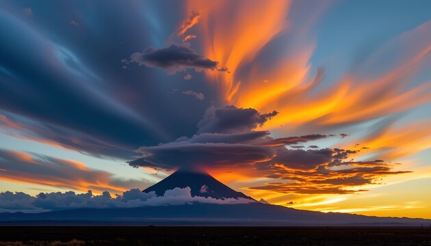 The image depicts a majestic mountain with a conical shape, partially covered by clouds near its base