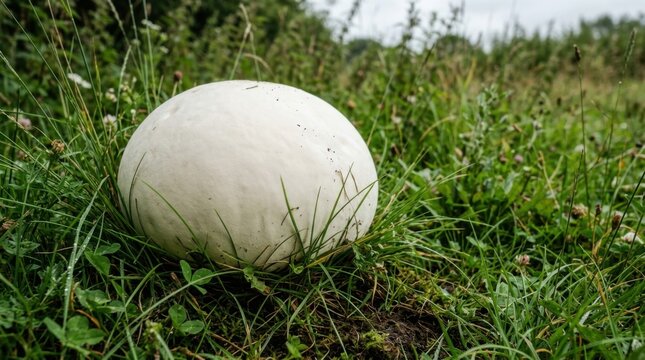 Giant puffball mushroom in a grassy field, a natural wonder.