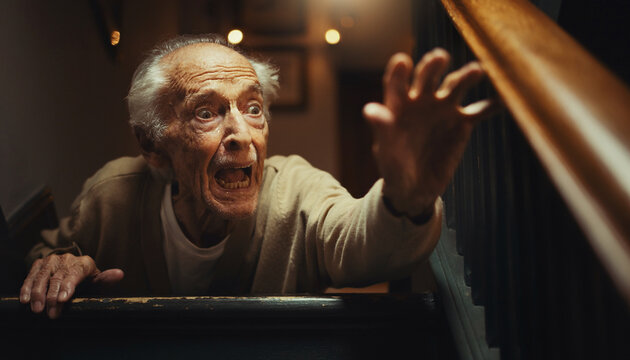 Low angle shot of an old man reaching up after tripping on a dark staircase in a dimly lit environment at night