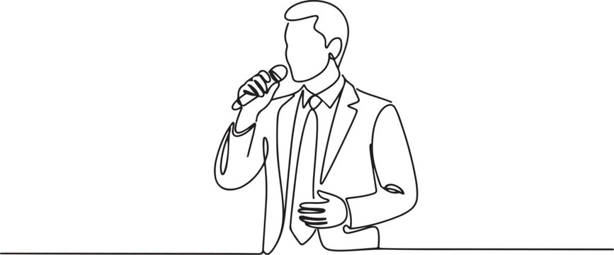 One line drawing of a businessman speaking into a microphone. Minimalist vector illustration of a public speaker or presenter giving a talk.one line drawing vector illustration