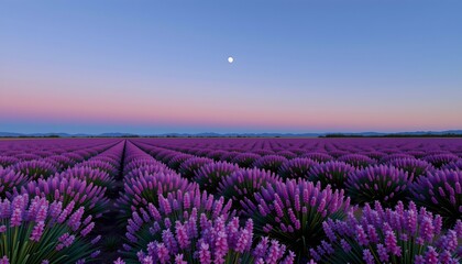 Fototapeta premium The image depicts a vast field of blooming lavender plants arranged in neat, parallel rows that extend toward the horizon