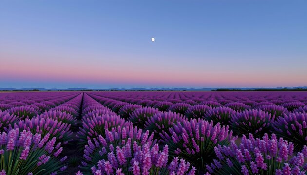 The image depicts a vast field of blooming lavender plants arranged in neat, parallel rows that extend toward the horizon