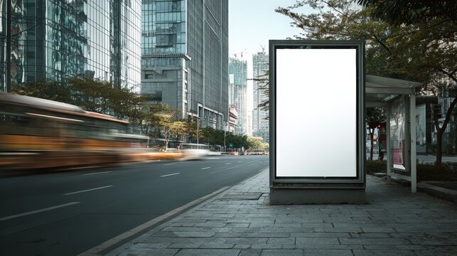 Blank Billboard at City Bus Stop with Blurred Traffic and Modern Buildings