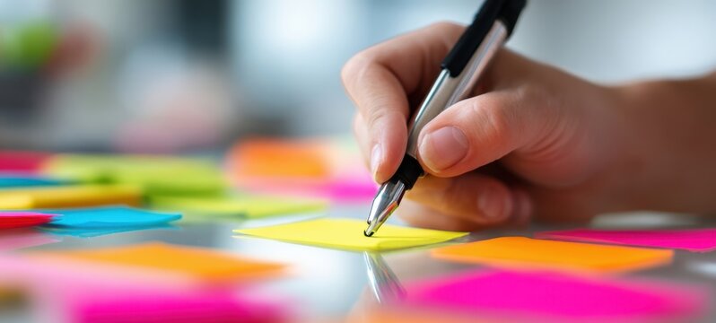 The hand writing on colorful sticky notes during creative brainstorming and planning session