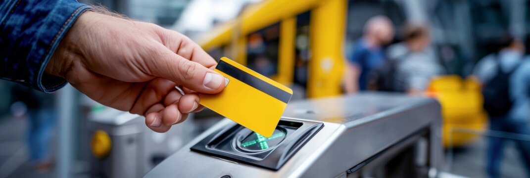 Contactless card payment on a public transit validator at a city tram stop