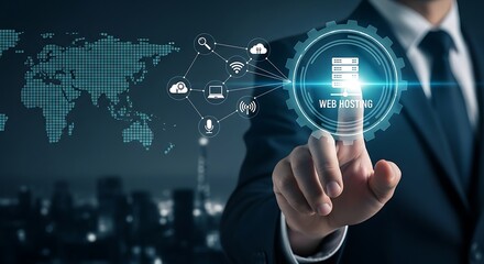 Fototapeta premium Businessman interacting with web hosting interface on cityscape background with suit