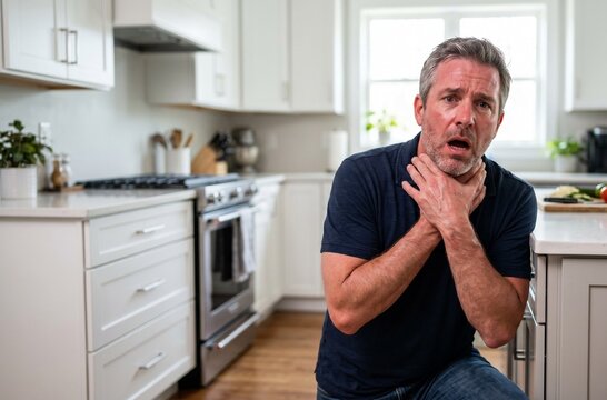 Middle-aged man clutching his throat experiencing severe anaphylaxis or choking emergency