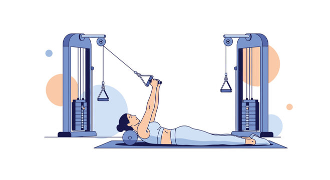 Woman performing cable crossover exercise lying down in a gym