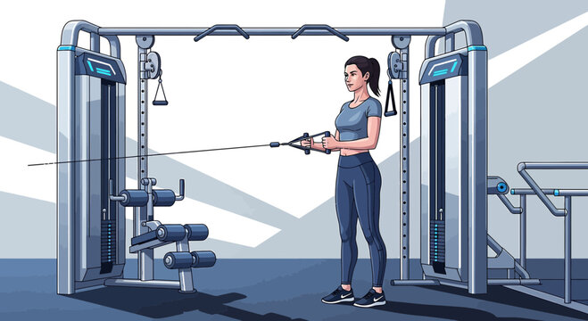 Woman performing cable crossover exercise on a modern gym machine, fitness and strength training