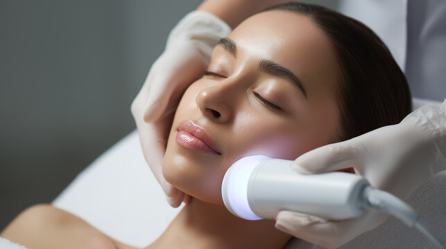 Young woman receiving facial radiofrequency treatment with advanced skincare device in clinic. Anti aging technology skin tightening collagen stimulation and professional dermatology care. 