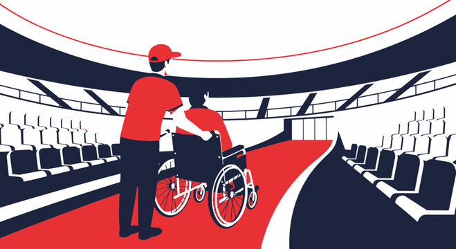 Wheelchair User Assisted by Caregiver at Sports Stadium