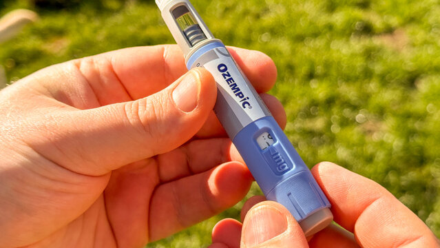 Outdoor close-up of an Ozempic pen in natural light, for medical editorial and patient education, Semaglutide, Novo Nodrisk, GLP-1 March 5 2026, Subotica, Serbia