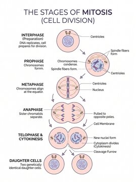 The stages of mitosis, cell division process illustrated in biology