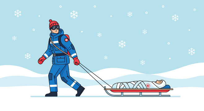 Winter Rescue: Rescuer Pulls Injured Person on Sled Through Snow