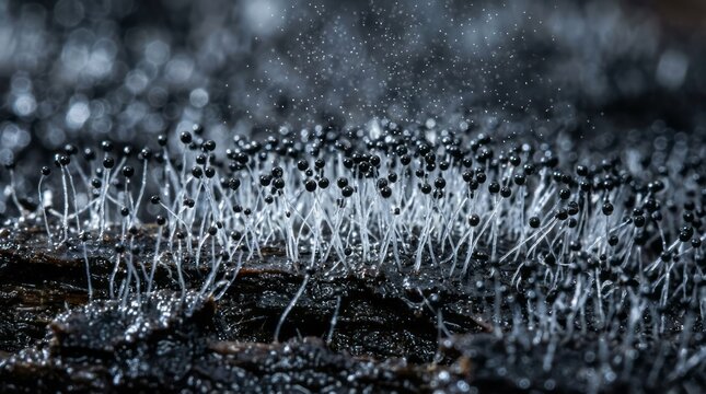 Close-up of Black Mold on Wood Mold Fungus Macro Photography Nature Wood Black Mold Microbiology. Concept featuring mold, fungus, macro photography, nature, wood for professional commercial design.