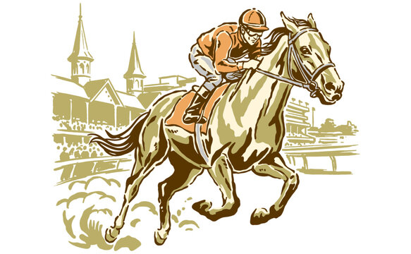 Vintage horse racing illustration. Jockey riding galloping horse on racetrack with grandstands. Derby sports competition graphic design.