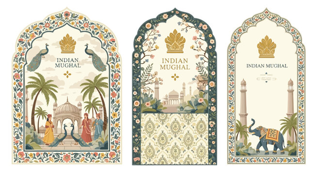 Set of three indian mughal style invitation cards with traditional motifs