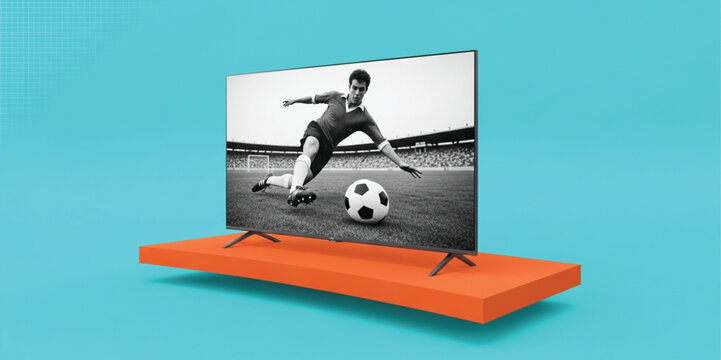 Modern Flat Screen Smart TV Displaying a Soccer Match on a Floating Orange Platform Over a Teal Background for Home Entertainment and Sports Broadcasting Concepts
