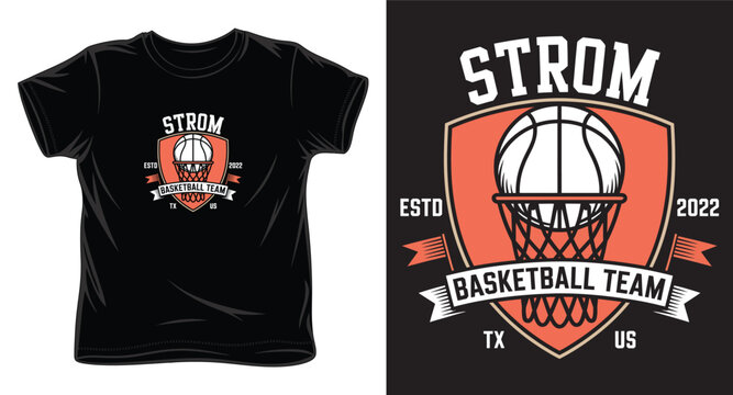 Strom basketball team logo on black t-shirt vector illustration.