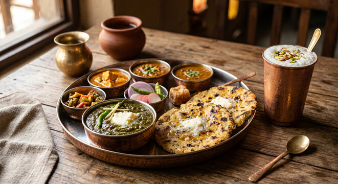 Authentic Punjabi Sarson da Saag and Makki di Roti with White Butter. A traditional winter delicacy of Punjab, India, featuring mustard greens curry and corn flatbread, topped with fresh homemade butt