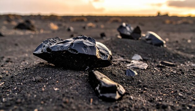 Jagged obsidian shards scattered across a scorched ashen plain reflecting dull light at sunset