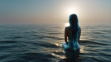 Fototapeta premium A fantastic mermaid with blue hair sits in the sea at sunset.