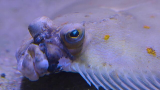 Close up of a small flounder flat fish head moving around the sea bed underwater