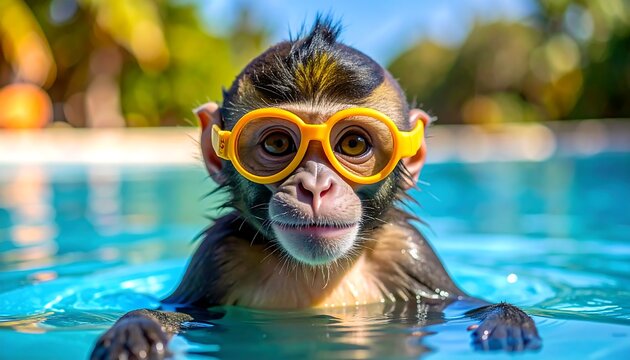 Baby monkey with yellow glasses in pool looking at the camera with a bright, sunny, tropical background