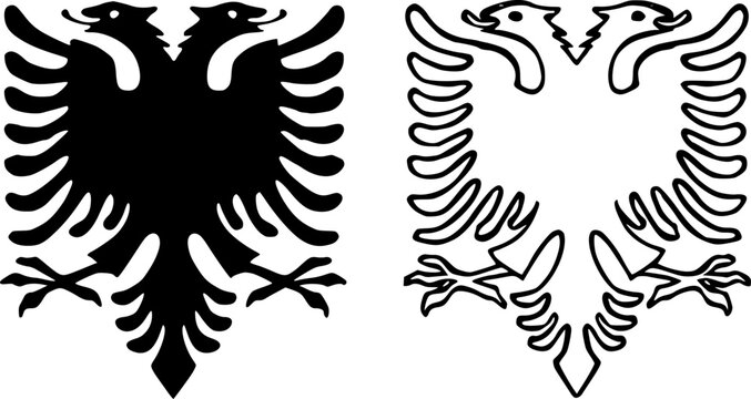 Double headed eagle national emblem of Albania in black silhouette and outline vector style for cultural and heraldic icon design projects isolated on transparent background.