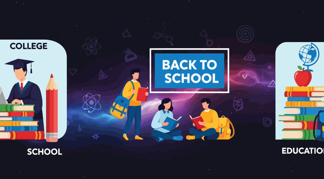Back to school concept, students studying with books and backpacks, academic atmosphere, education theme, college and school elements, digital illustration