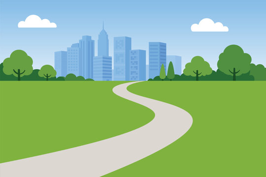 City park landscape with winding path, green grass and modern skyline background.