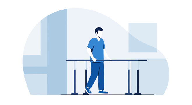 Physical therapist assisting patient with walking exercise on parallel bars in rehabilitation center