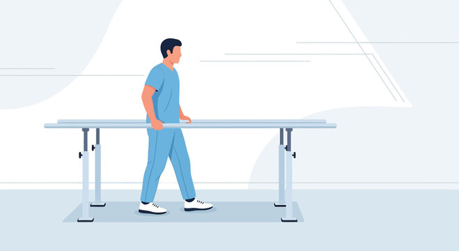Physical therapist assisting patient with walking exercise on parallel bars in rehabilitation center
