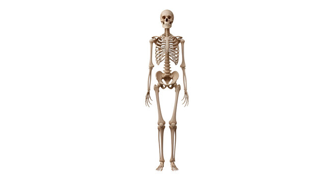 Full human skeleton standing in anatomical position against a black backdrop presented as a detailed educational anatomical illustration