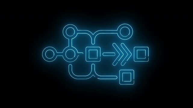 Glowing blue neon flowchart diagram on a black background with geometric shapes and lines.