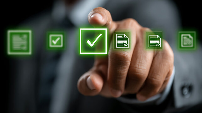 Corporate professional pointing at glowing green verification checkmark with floating document icons and approval forms, symbolizing digital compliance automation and buisness growth strategy