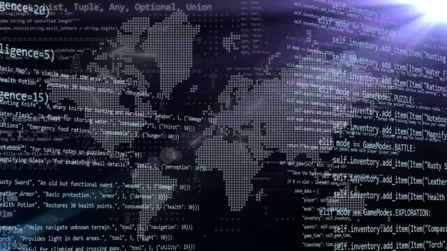 Global Ai services developing software application worldwide and fast. Coding programming wall with map overlay