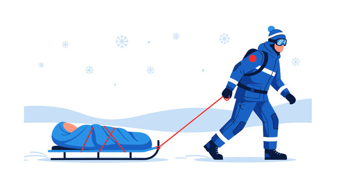Rescuer pulling injured person on sled in snowy landscape, winter rescue operation