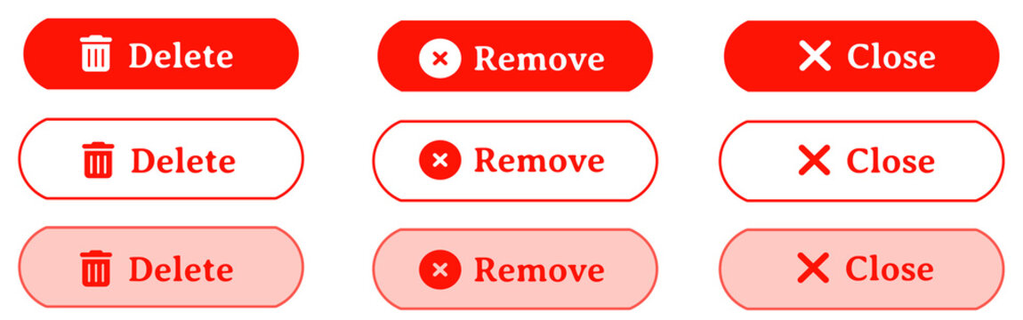 Minimal Red and White Alternating 3D Rounded UI Button Set with Delete Remove Close Icons, Clean Simple Interface Design, Outline Styles, Easy to Use Web and Mobile UI Elements
