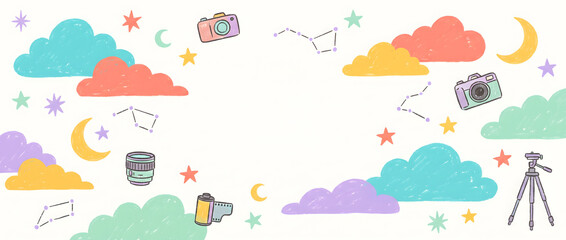 Obraz premium Hand-drawn illustration featuring photography equipment, stars, constellations, clouds, and moons in a whimsical pastel style