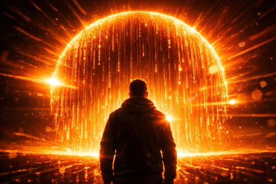 Man stands before a glowing data sphere streaming binary code and information across a futuristic landscape, symbolizing AI, big data, networks and the evolving digital era