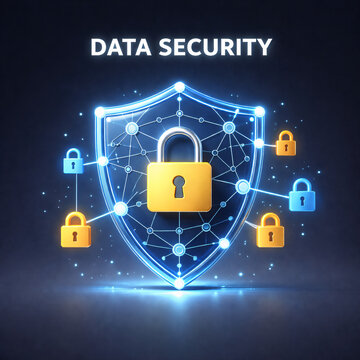 Abstract Data Security Shield with Glowing Network and Padlocks - Digital Protection and Cyber Defense Concept