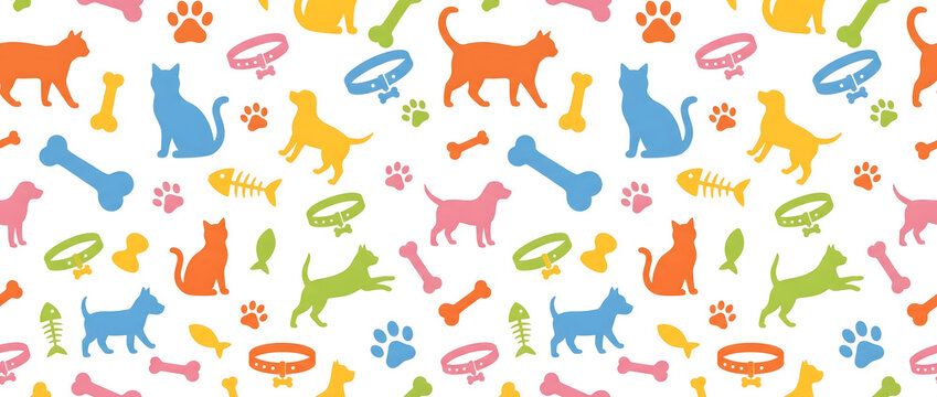 Colorful pet-themed illustration background pattern with cats dogs bones fish and collars
