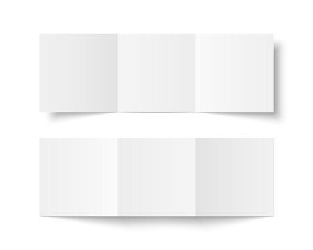 Vector white blank square three panel roll fold opened on white background. Trifold, leaflet, brochure, booklet, flyer or invitation card mockup. Mock up front and back side isolated