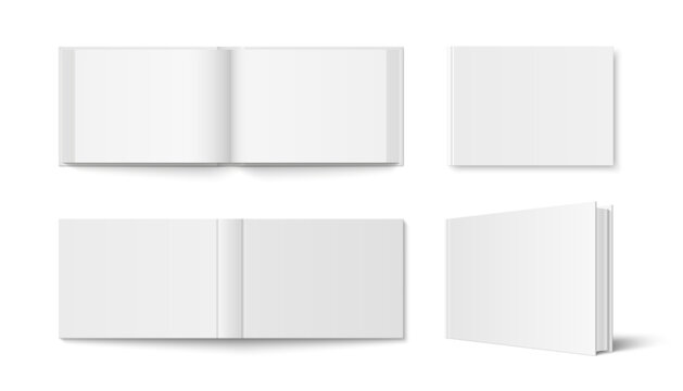 Vector set of horizontal book with white hardcover isolated. Realistic catalog, brochure or booklet mockup opened and closed on white background.