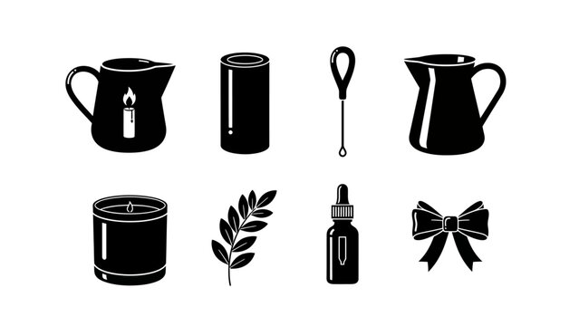 Set of Simple Black Icons Representing Candle Making Supplies and Decorations Jars, Pitchers, Oil Dropper, and Bow