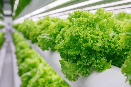 Leafy vegetables growing in modern vertical farm. Healthy produce grown on multiple levels. Hydroponics green lettuce plots. High technology farming. Fertigation system. Veggie planted in small space